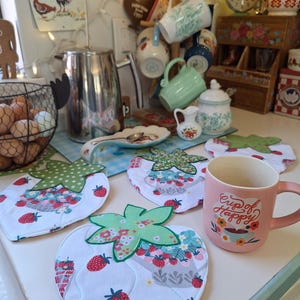 Strawberry Decor~Quilted Mug Rugs Coaster~Coffee Bar Decor~Kitchen Decor~Coffee Table~coffee lovers gift~Colorful Decor~Farmhouse Decor