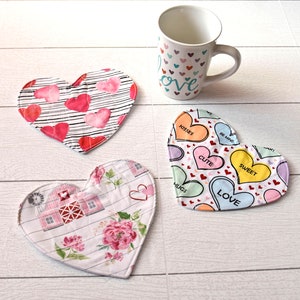 Valentines Mug Rug~Valentines Day Decor~Quilted Mug Rugs~Coffee Bar Decor~Coffee Table Decor~Drink Coaster~Coffee Cozy~French Country~Hearts