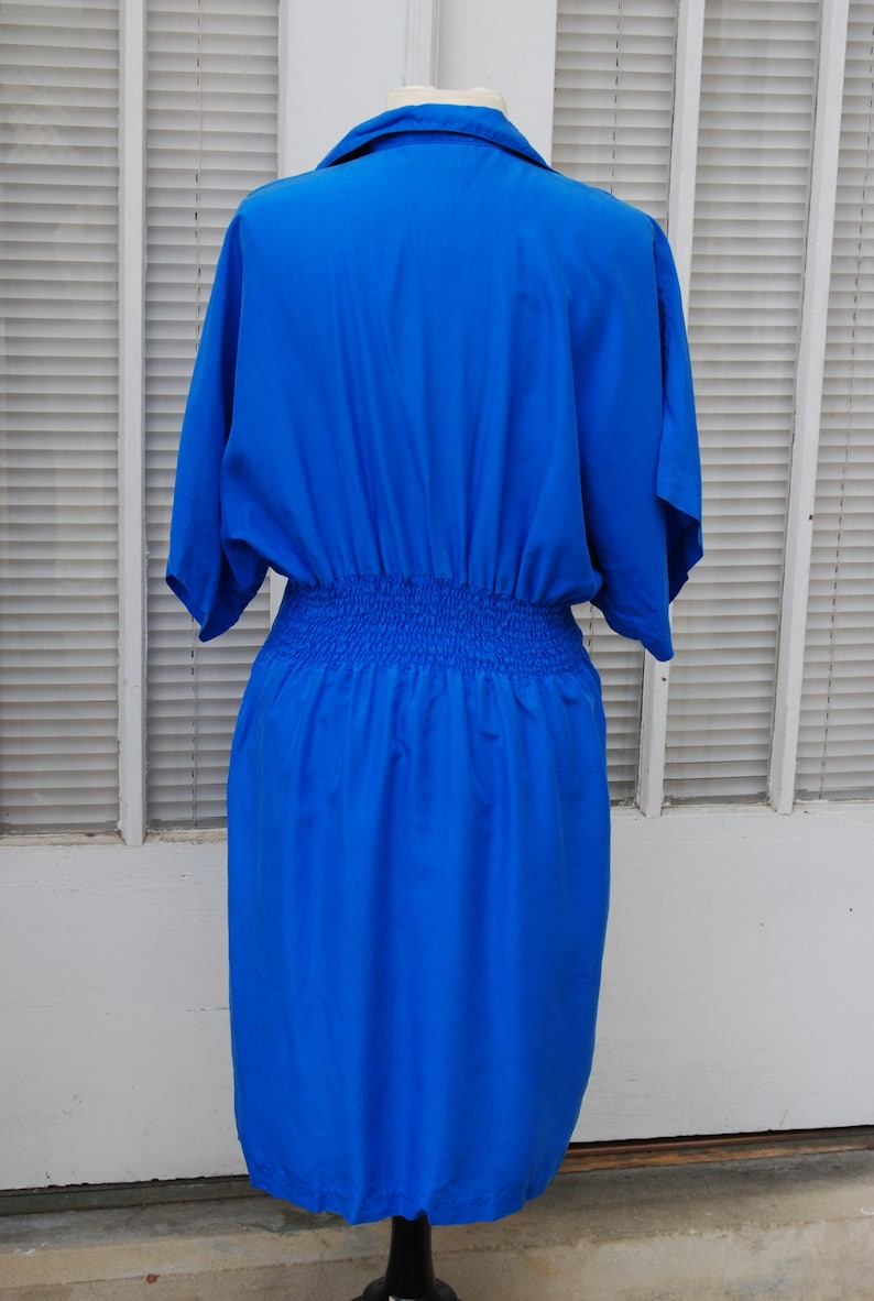 1980s Silk Day Dress Blue Button Up Kimono Sleeves L 40