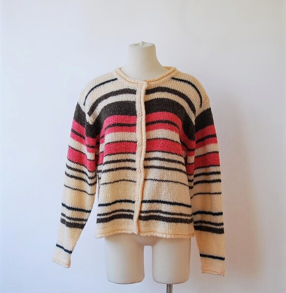 1970s Strawberry Jantzen Cardigan Sweater Cream Pi