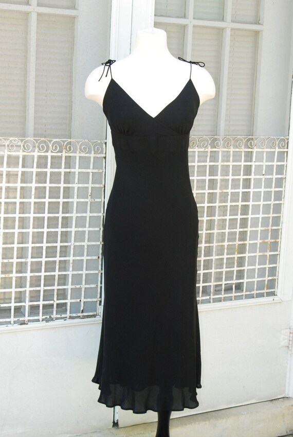 1990s Silk Slip Dress S Black V Neck Tie Shoulders