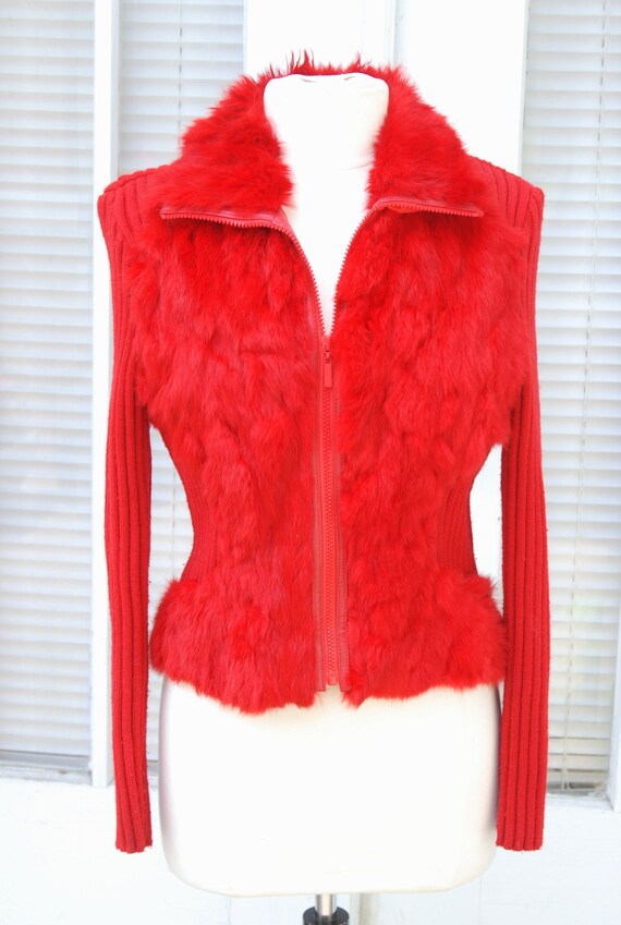 1990's Red Rabbit Fur Zip Sweater Cyber Rave Y2K