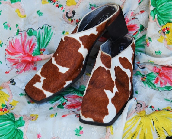 1990s Cow Print Slip On Mules Low Heel 8.5