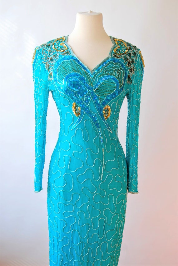1980s Silk Sequin Beaded Dress Heart Bodice Long S