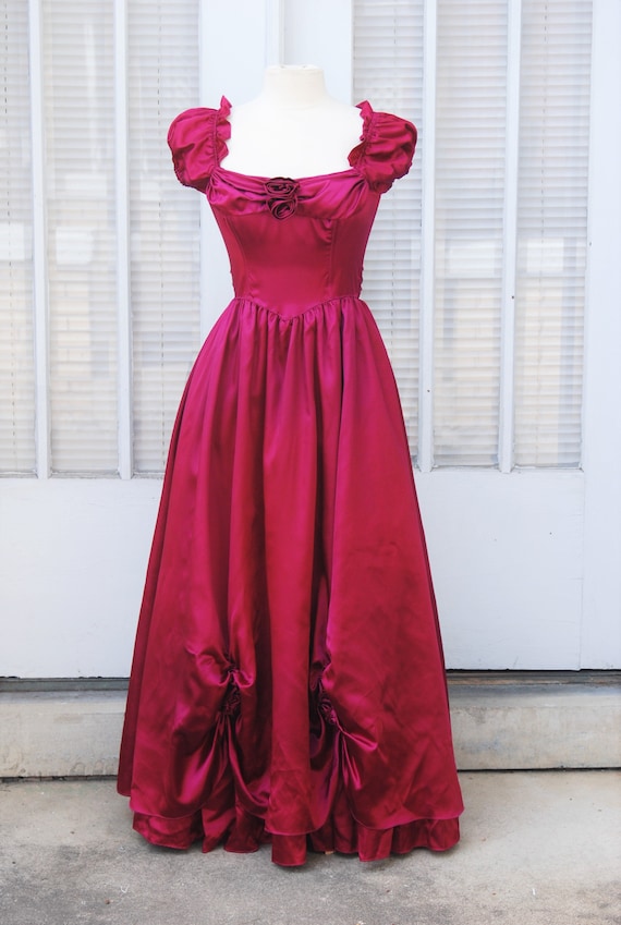 1970s RARE Gunne Sax 34 Rose Red Satin Gown Full S