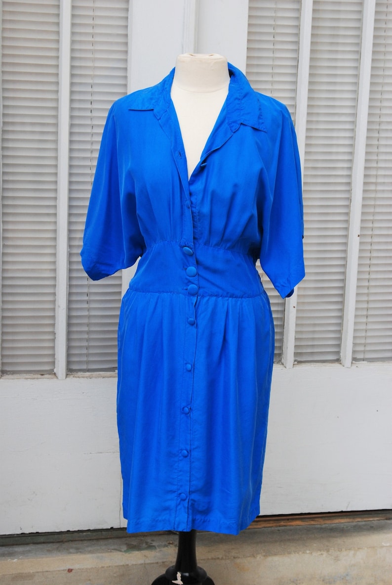 1980s Silk Day Dress Blue Button Up Kimono Sleeves L 40