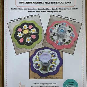 May include: Instructions and templates for making three felt candle mats, one for each month of spring: March - Spring has sprung, April - Easter Bunnies, and May - Perfect Pretty Pansies. The mats feature a flower design with a candle holder in the centre. The instructions include contact information for the designer, Allison Maryon Designs, and the SKU FJA203.