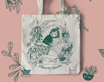 VENTE Plant Mom Tote bag - Coton biologique et équitable - Illustré - Imprimé à la main - Respectueux de l’environnement