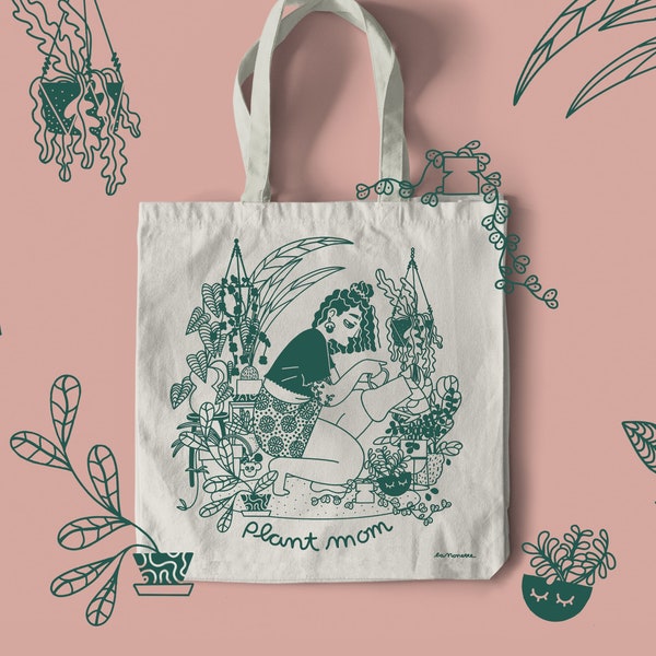 VENTE Plant Mom Tote bag - Coton biologique et équitable - Illustré - Imprimé à la main - Respectueux de l’environnement