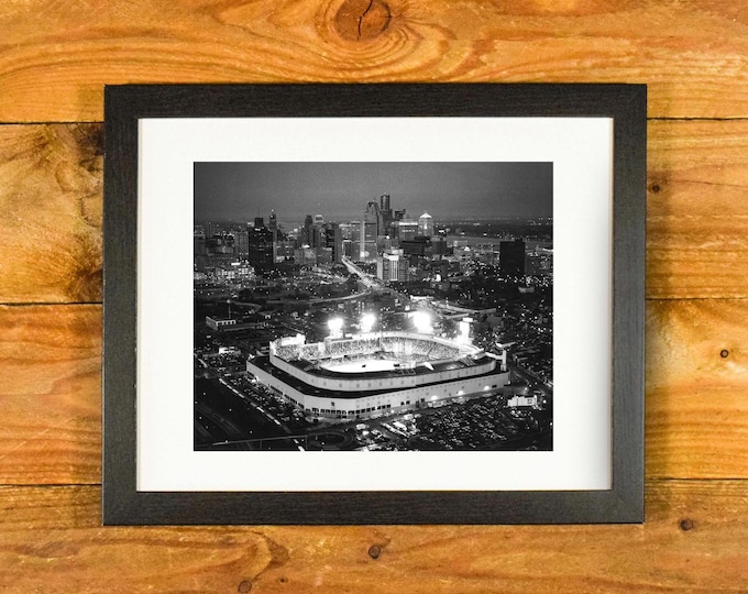 Tiger Stadium - 1960s Aerial Night Image Former Ballpark and Detroit Skyline - Matted and Framed Vintage Sports Wall Hanging