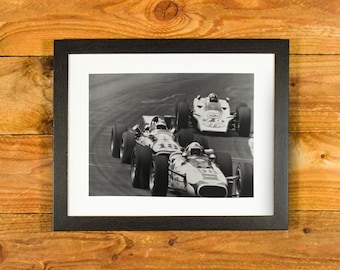 Indianapolis 500 Race - 1968 Up-Close Racing Action - Matted and Framed Vintage Sports Room and Bar Wall Hanging