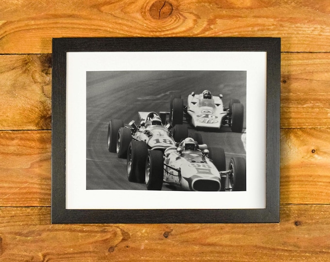 Indianapolis 500 Race - 1968 Up-Close Racing Action - Matted and Framed Vintage Sports Room and Bar Wall Hanging