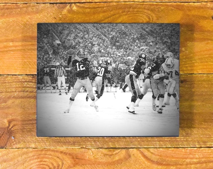 Terry Bradshaw & Pittsburgh Steelers in the Snow vs. Baltimore 1970s - Wood Wall Panel Sports Decor