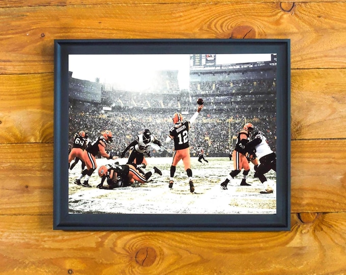 Aaron Rodgers & Green Bay Packers - In-Game Action Snow at Lambeau Field - Matted and Framed Sports Wall Hanging