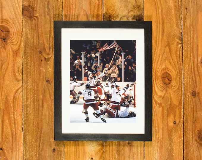 1980 "Miracle on Ice" - Men's Olympic Ice Hockey Team Celebration - Matted and Framed Bar & Room Wall Hanging