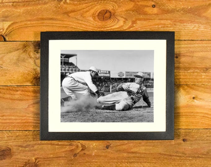Vintage Baseball 1920's-30's - NY Giants vs. Chicago Cubs Action Shot at Third - Matted and Framed Sports Bar & Room Wall Hanging