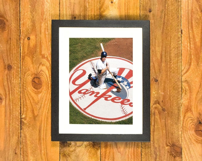 Mickey Mantle Waits On-Deck - Yankee Stadium 1950-60s - Matted and Framed Sports Bar and Room Wall Hanging