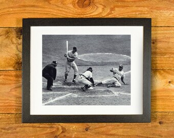 Yogi Berra and Jackie Robinson - Steal of Home 1955 World Series - Matted and Framed Sports Room and Bar Wall Hanging