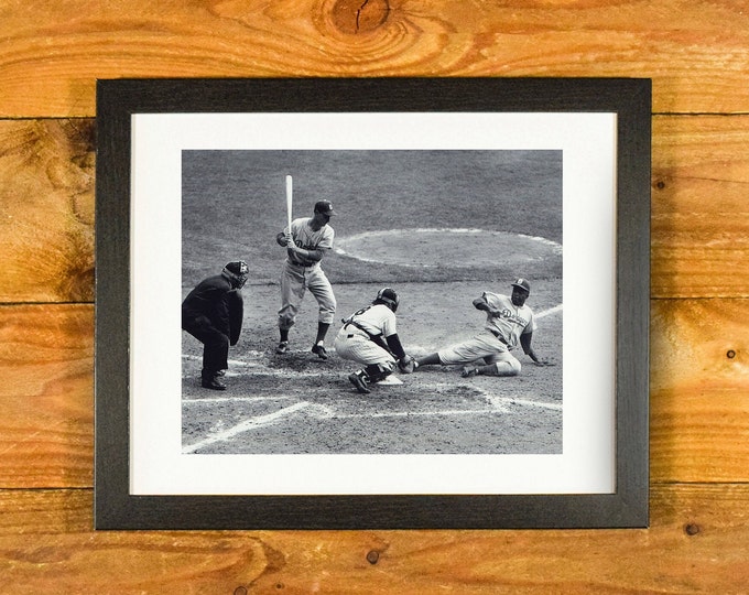 Yogi Berra and Jackie Robinson - Steal of Home 1955 World Series - Matted and Framed Sports Room and Bar Wall Hanging