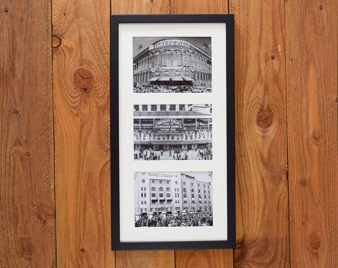 Iconic American Ballparks in the 1940's - Ebbets Field, Wrigley Field & Yankee Stadium - 10 x 20 Framed Vintage Sports Hall Hanging