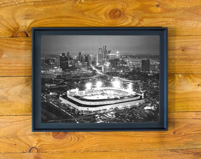 Vintage 1960s Tiger Stadium and Detroit Skyline - Framed Sports Bar and Room Wall Poster