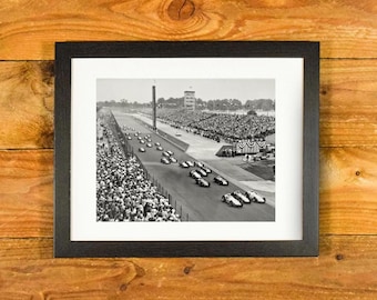 Indianapolis 500 Race - 1960 Action Shot "Down the Straightaway" - Matted and Framed Vintage Sports Room and Bar Wall Hanging