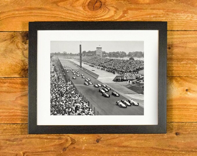 Indianapolis 500 Race - 1960 Action Shot "Down the Straightaway" - Matted and Framed Vintage Sports Room and Bar Wall Hanging