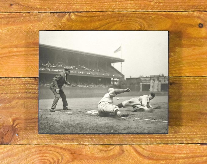 Vintage Baseball - 1920's-30's Action Shot - "Play at Third" -  Sports Bar & Room Wood Wall  Panel