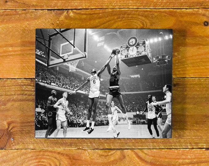 Bill Russell & Wilt Chamberlain - 1960's Boston Celtics vs. Philadelphia 76ers - Vintage Sports Room and Bar Wood Wall Hanging