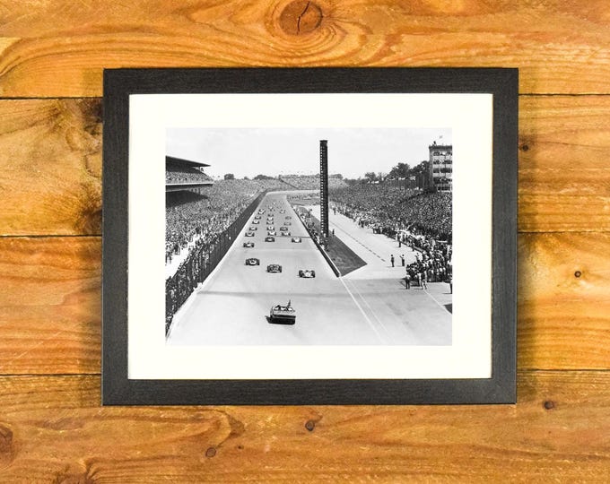 The Indianapolis 500 - 1960's-1970s Action Shot Start of Race - Matted and Framed Vintage Sports Room and Bar Wall Hanging