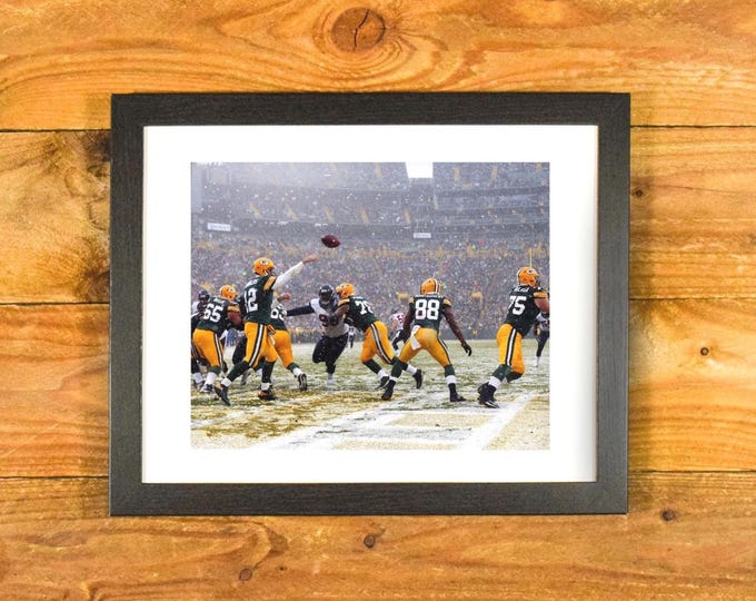 Aaron Rodgers Green Bay Packers - In-Game Action Snow at Lambeau Field - Matted & Framed Sports Wall Hanging