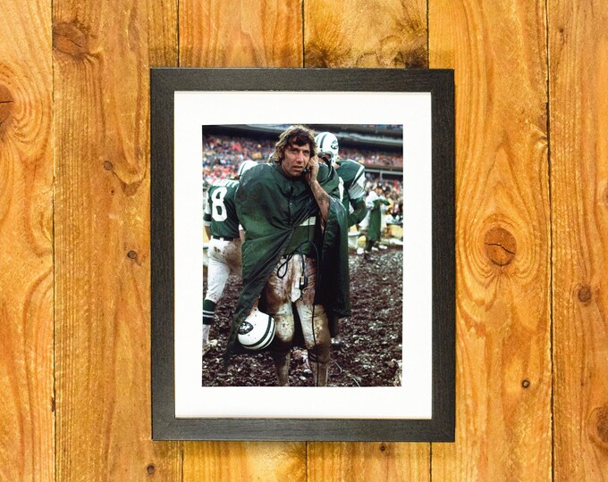 Joe Namath - Iconic New York Jets Quarterback - 1960's-1970's Old School Mud Game Image - Matted and Framed Sports Wall Hanging
