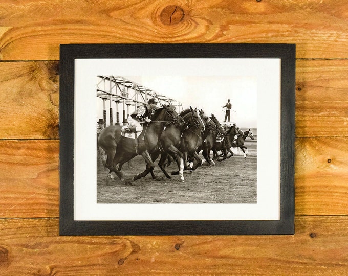 1938 New York's Jamaica Racetrack - "They-re Off" - 2-Year Maidens at the Starting Gate - Vintage Matted and Framed Sports Wall Hanging