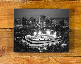Tiger Stadium and Detroit Skyline 1960s Night Aerial Photo -  Wood Wall Panel Decor