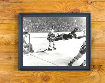 Bobby Orr "Flying Goal" Print: 1970 Stanley Cup, Boston Bruins Framed Photo