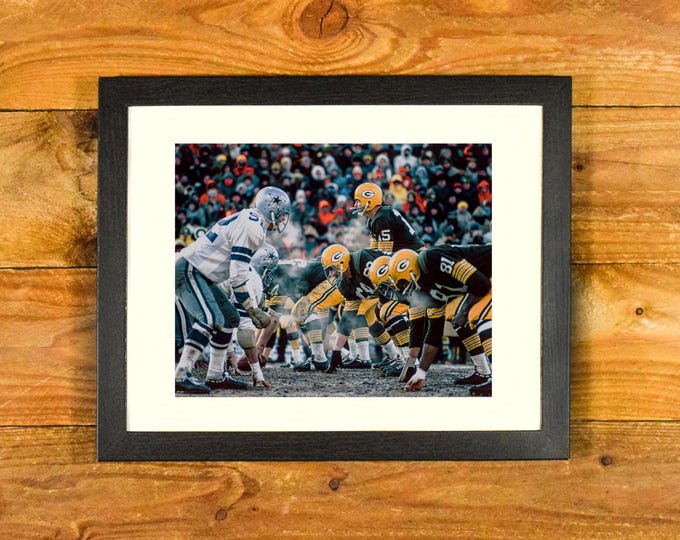 Bart Starr and Green Bay Packers - Iconic 1967 NFL "Ice Bowl" Game vs. Dallas Cowboys - Matted and Framed Sports Room & Bar Wall Hanging