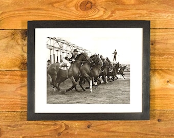 1938 New York's Jamaica Racetrack - "They-re Off" - 2-Year Maidens at the Starting Gate - Vintage Matted and Framed Sports Wall Hanging