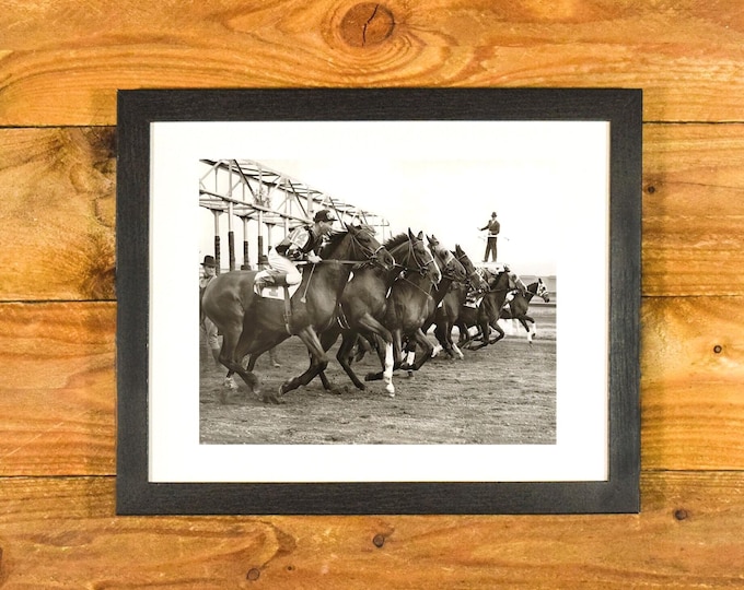 1938 New York's Jamaica Racetrack - "They-re Off" - 2-Year Maidens at the Starting Gate - Vintage Matted and Framed Sports Wall Hanging