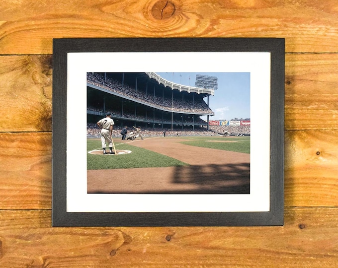 Mickey Mantle Waits On-Deck - Yankee Stadium 1950's - Matted and Framed Vintage Sports Room Decor