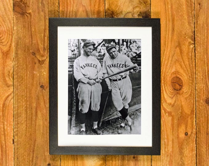 New York Yankees Icons Babe Ruth and Lou Gehrig - Matted and Framed Vintage Sports Bar or Room Wall Hanging