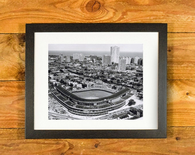 Wrigley Field Chicago - Aerial Photograph Ballpark and Skyline - Matted and Framed Sports Wall Hanging