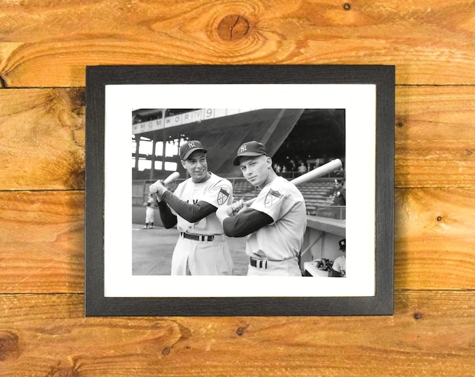 Baseball Greats Joe DiMaggio and Mickey Mantle  - New York Yankees 1951 - Vintage Matted & Framed Sports Wall Decor