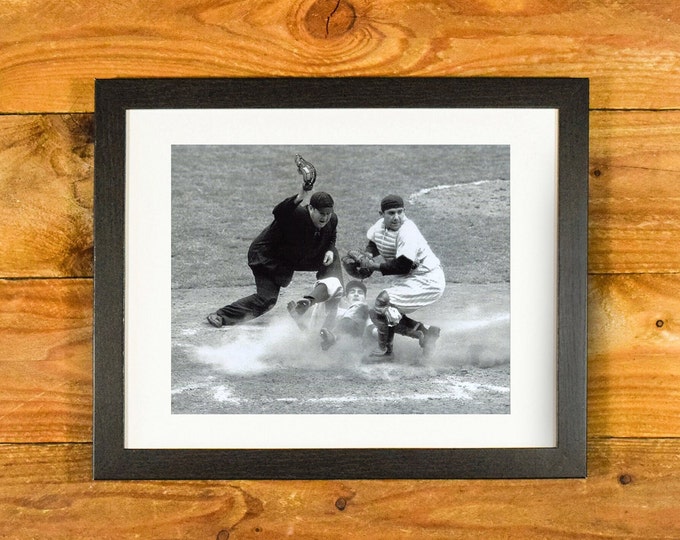 Yogi Berra "Out at Home" - Action Shot During 1950 World Series - Matted and Framed Sports Room and Bar Wall Hanging