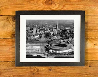 Cleveland Municipal Stadium 1940s Aerial View - Matted & Framed Sports Bar and Room Wall Decor