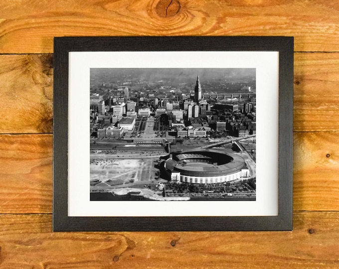 Cleveland Municipal Stadium and Skyline - 1940's Aerial Image - Matted and Framed Sports Room and Bar Wall Hanging