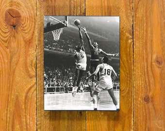 Wilt Chamberlain & Bill Russell Game Action Shot - 1960's Boston Celtics vs. Philadelphia 76ers - Vintage Sports Wood Wall Panel