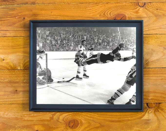 Bobby Orr "Flying Goal" - 1970 Boston Bruins Stanley Cup Winner - Framed Sports Bar & Room Photo