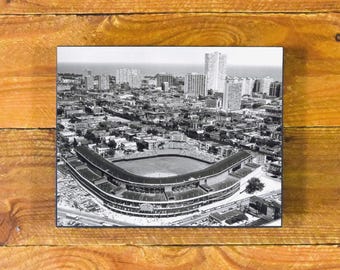 Wrigley Field Chicago - Aerial Photograph 1950-60s Ballpark and Skyline - Wood Wall Panel Hanging