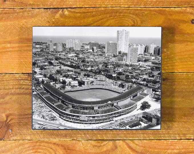 Wrigley Field Chicago - Aerial Photograph 1950-60s Ballpark and Skyline - Wood Wall Panel Hanging