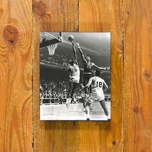 Wilt Chamberlain & Bill Russell Game Action Shot - 1960&#39;s Boston Celtics vs. Philadelphia 76ers - Vintage Sports Wood Wall Panel
